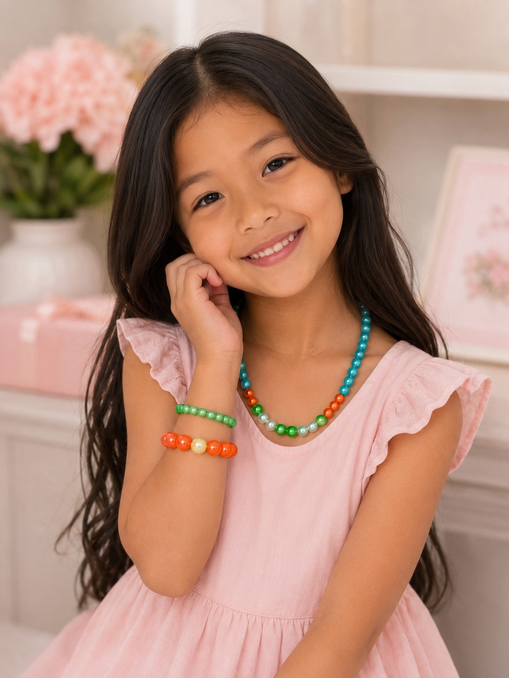 Handmade Kids Turquoise & Orange Beaded Jewelry Set | Necklace & 2 Bracelets